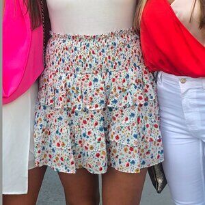 Olivaceous Multi Floral Smocked Ruffled Mini Skirt